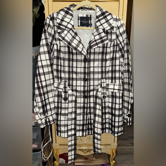 Faded Glory Black and White Long Plaid Peacoat Style Rain Jacket - Picture 2 of 4